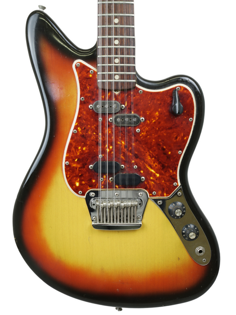 1965 Fender Electric XII guitar showcasing a vibrant sunburst finish paired with a chic black pickguard.