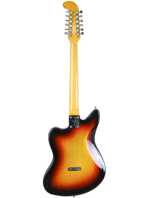1966 Fender Electric XII guitar showcasing a vibrant sunburst finish paired with a chic black pickguard.