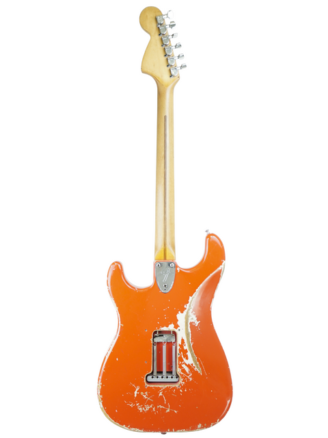 1979 USA Fender Stratocaster in vibrant orange, boasting a beautifully crafted wooden body and neck for a timeless look.