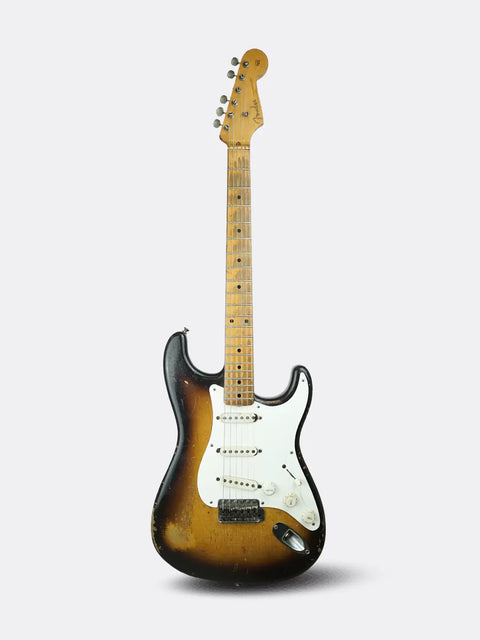 Fender Stratocaster electric guitar with a sunburst finish on a white background