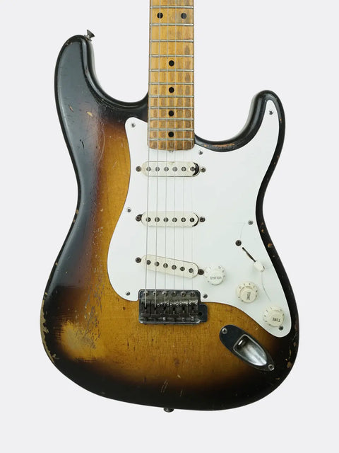 Fender Stratocaster with a sunburst finish on a white background