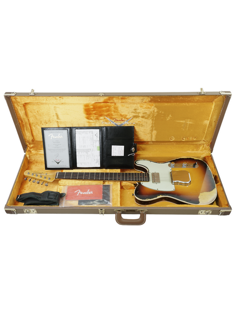 A 2017 Fender Custom Shop Telecaster in a case, highlighting its heavy relic design and classic craftsmanship.
