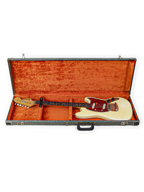 A beautifully crafted 1967 Fender Mustang in white and cream, representing the essence of vintage American rock guitars.