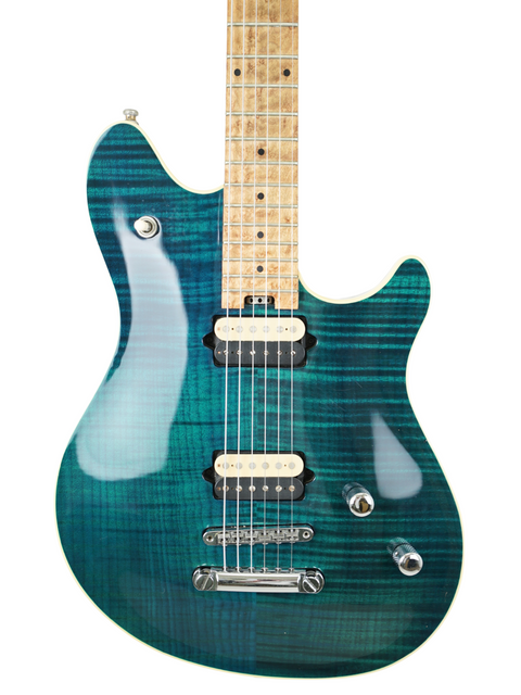 A blue electric guitar with a wooden body, showcasing the Peavey EVH Wolfgang Standard Hardtail from 1999, USA.
