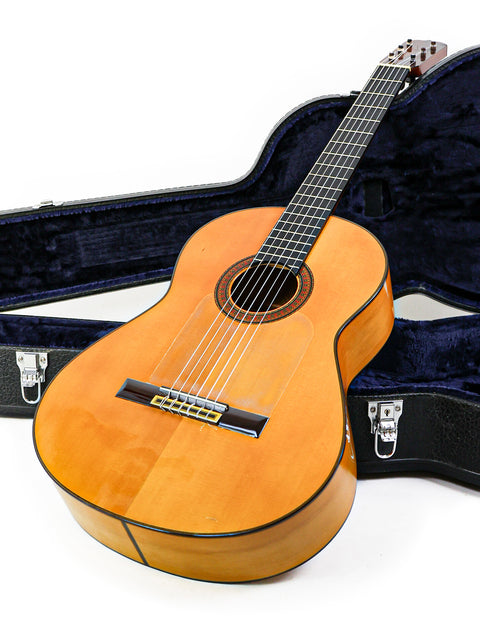 A classic José Ramírez 2A guitar in its case, displayed on a white background, highlighting its elegant craftsmanship from 1963.