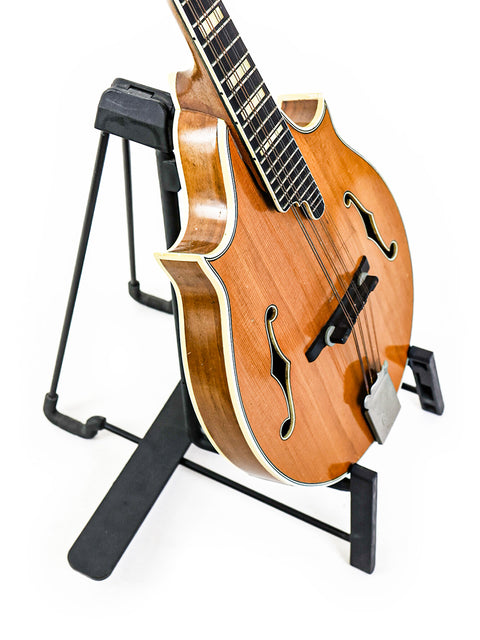 A classic Levin Model 40N Aristokrat Mandolin from 1949, poised on a stand, emphasizing its intricate details and vintage charm.