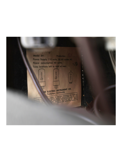 A close-up of a wall label displaying a classic car image and the 1964 Fender Champ 5F1 Combo details.