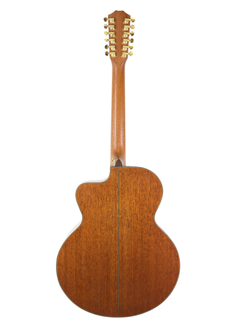 A close-up of the wooden back of a 1995 Taylor LKSM Leo Kottke 12-string acoustic guitar, emphasizing its natural beauty.