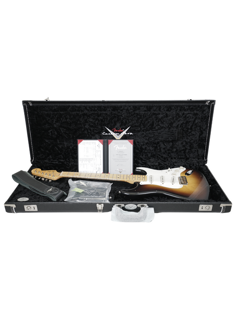 A guitar case reveals a Fender Kyle McMillin Masterbuilt '57 Stratocaster Wildwood Spec, crafted in the USA, 2022.