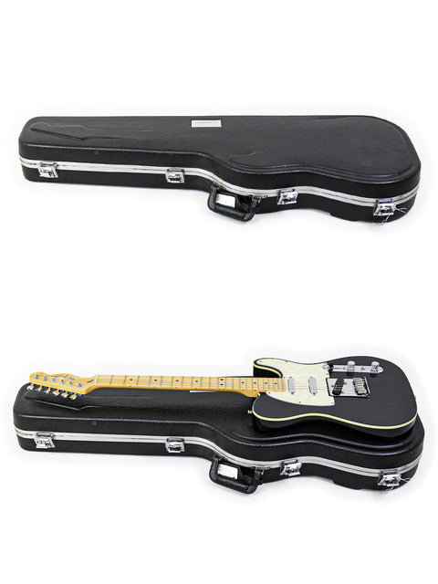 A pair of black electric guitars, including a 1999 Fender Tele Plus V2, alongside a case against a white backdrop.