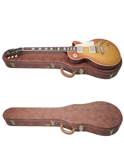 A pair of exquisite guitars in a brown case, showcasing the Gibson Les Paul '59 Reissue LPR-9 with a Brazilian board from 2007.