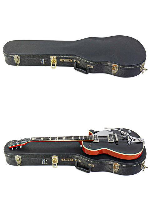 A pair of exquisite guitars in a stylish black case, showcasing the Gretsch Duo Jet 6128TSP 1957 Reissue made in Japan.