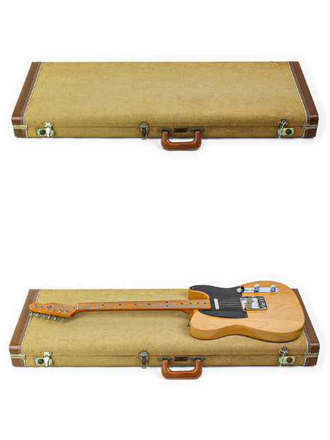 A pair of guitars, featuring a vintage Fender AVRI ‘52 Telecaster, displayed in a case on a bright white backdrop.