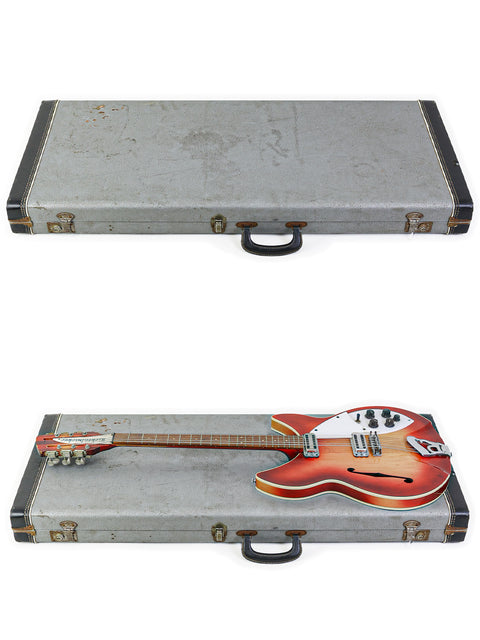 A pair of vintage guitar cases, showcasing a red and orange guitar and a white guitar, including a Rickenbacker 12-string.
