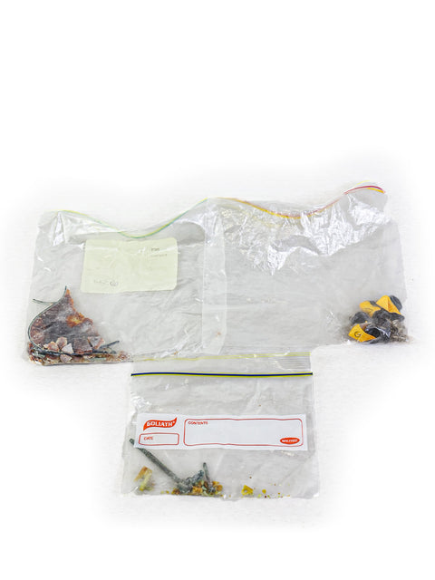 A plastic bag with a small collection of items, featuring a 1949 Levin Model 40N Aristokrat Mandolin from Sweden.