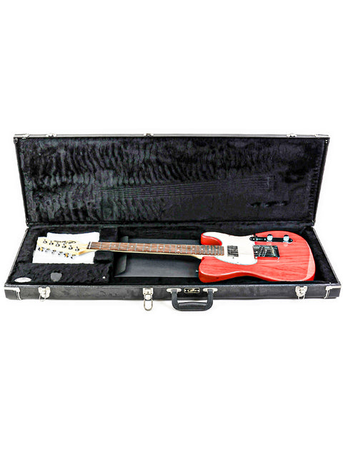 A red electric guitar, the G&L Fullerton Deluxe ASAT Classic Bluesboy 2018, securely housed in a case on a white surface.