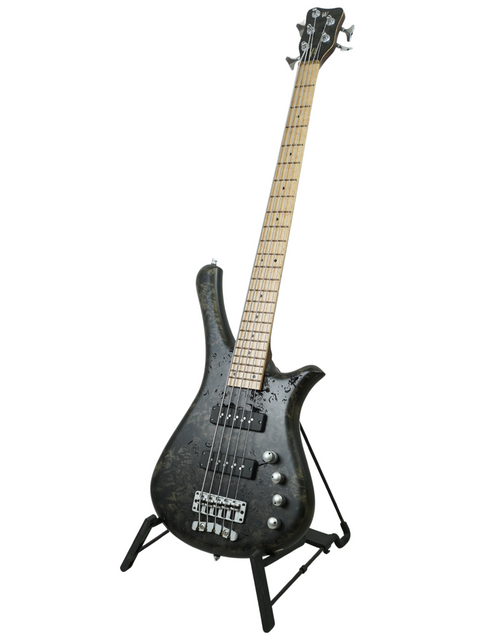 A striking black electric bass guitar, the Warwick Fortress Nirvana 5-string, elegantly displayed on a stand.