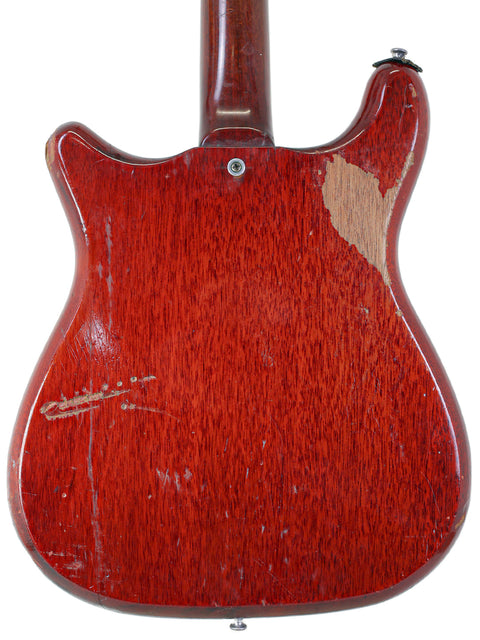 A striking red Epiphone Crestwood Custom guitar from 1966, with a beautifully crafted wooden back and neck.