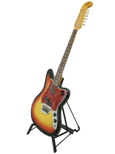 A stunning sunburst-finished 1965 Fender Electric XII guitar on a stand, highlighting its vintage appeal.
