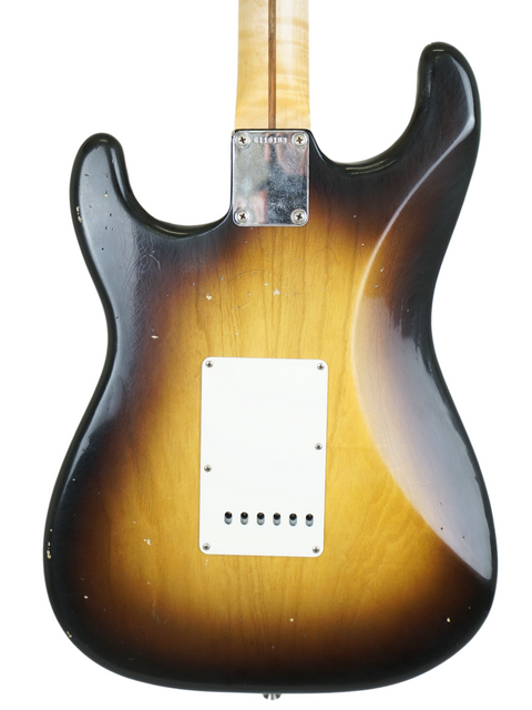 A stunning sunburst Fender Stratocaster guitar, part of the 2022 Kyle McMillin Masterbuilt '57 Wildwood Spec collection.