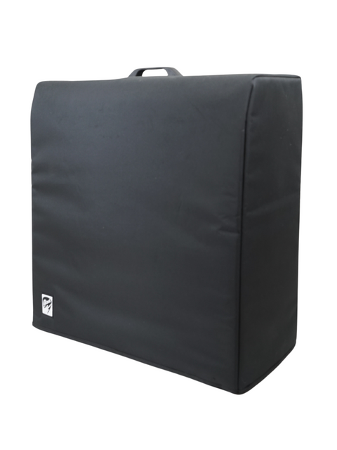 A sturdy black padded laptop case, ideal for travel, next to a vintage Rex Bassking Combo Model BA200 from 1969.