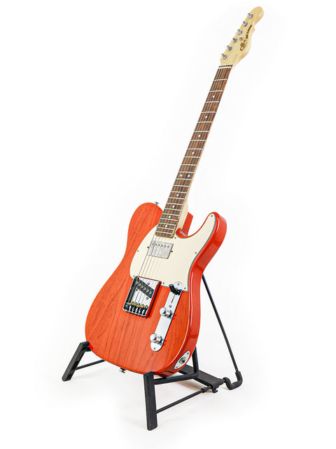 A vibrant red G&L Fullerton Deluxe ASAT Classic Bluesboy guitar positioned on a stand, set against a white background.