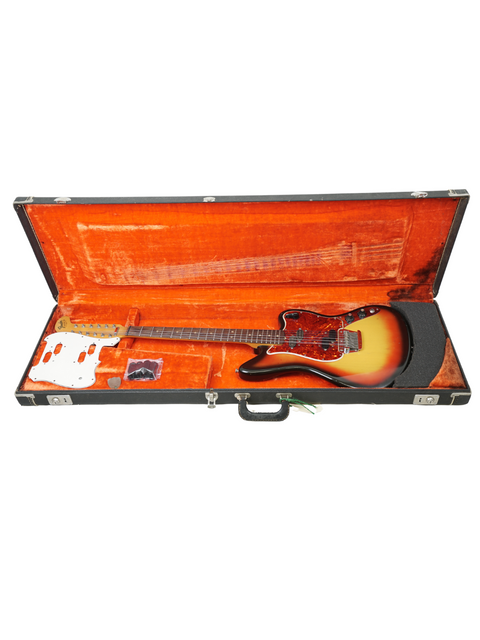 A vintage 1965 Fender Electric XII guitar securely placed in an eye-catching orange case, ready for its next gig.