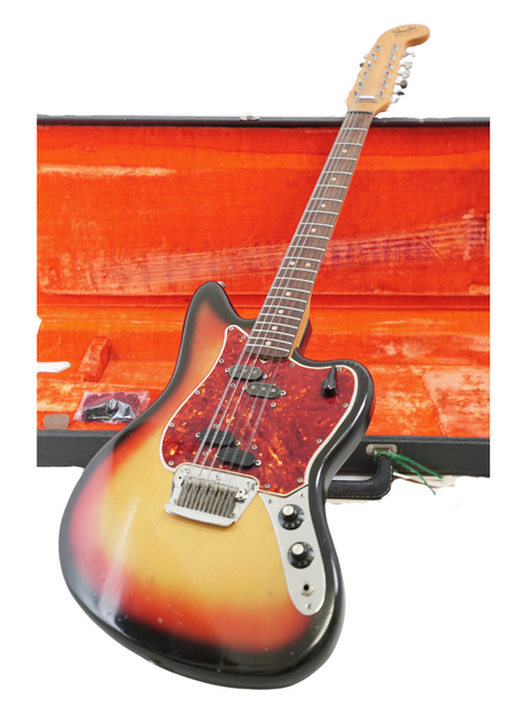 A vintage 1965 Fender Electric XII guitar with a stunning sunburst finish, safely stored in its case, perfect for collectors.