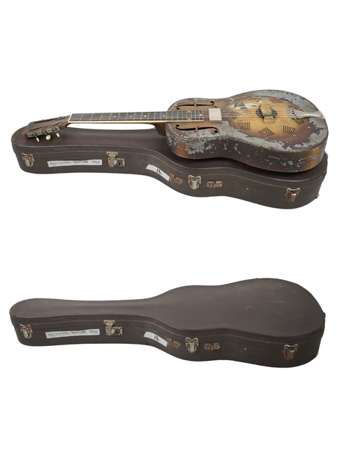 A vintage National Triolian guitar from 1930 sits atop a case, with another guitar tucked inside, highlighting musical heritage.