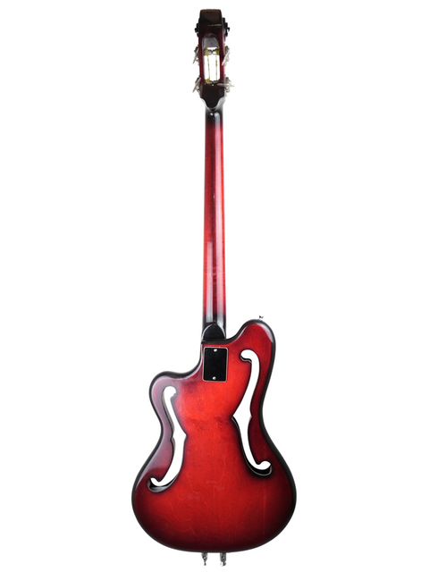 A vintage red guitar with a black body and red neck, showcasing the classic design of the 1966 Ampeg AEB-1 bass.