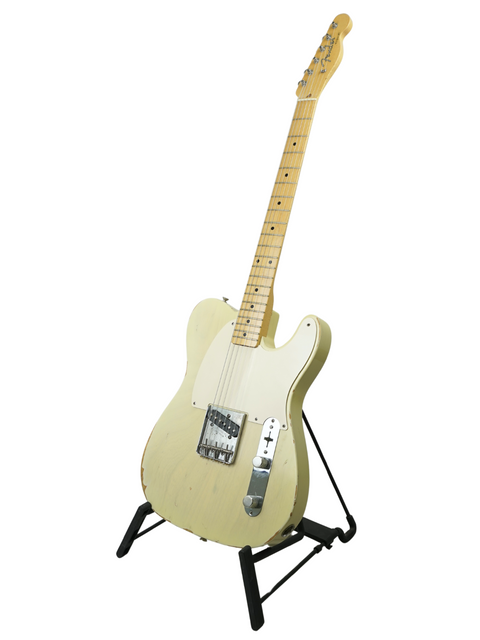 A white Fender Custom Shop '59 Esquire Journeyman Relic electric guitar displayed on a stand, showcasing its vintage design.