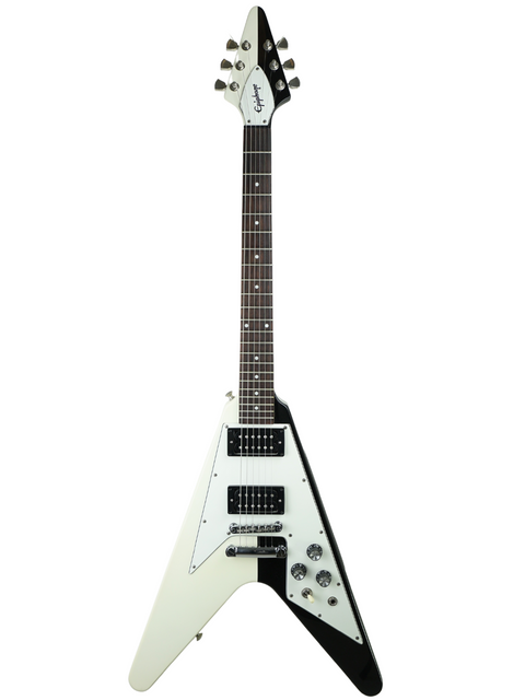 A white Gibson Flying V electric guitar with black pickguard isolated on a white background.