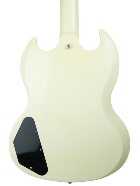 A white electric guitar, the 2014 Gibson Custom Shop Les Paul SG Standard, showcasing a black pick guard.