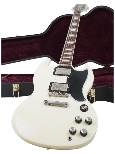 A white electric guitar, the Gibson Custom Shop Les Paul SG Standard from 2014, securely placed in its stylish case.