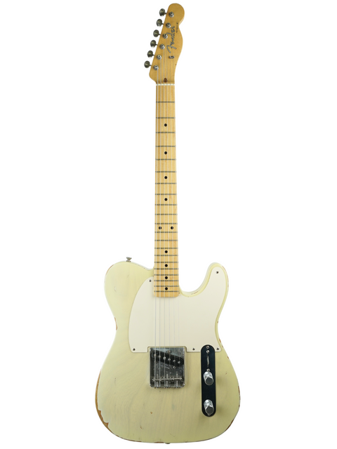 A white electric guitar with a wooden body, representing the Fender Custom Shop '59 Esquire Journeyman Relic, made in 2003.
