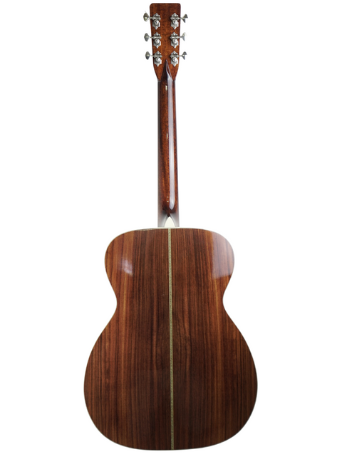 A wooden acoustic guitar isolated on a white background.
