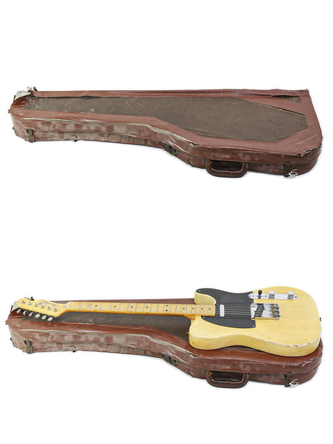 A wooden case holds two guitars, including a classic 1954 Fender Telecaster 'Blackguard' inside.