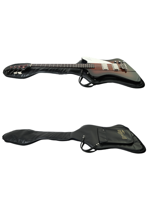 An Orville Thunderbird Bass in Tobacco Burst rests in a guitar case with a strap, highlighting its 1988 Japanese craftsmanship.