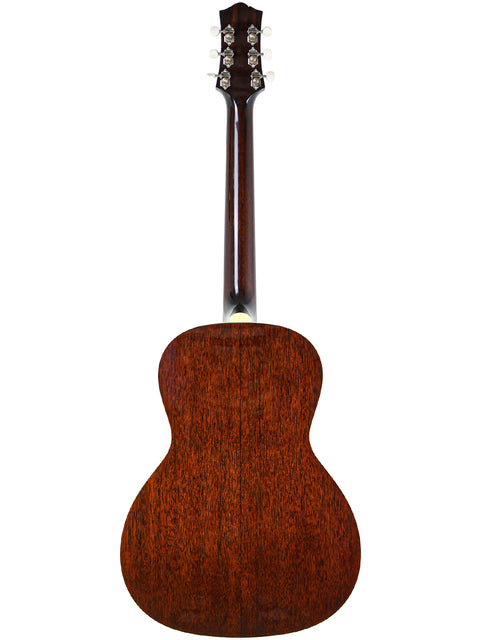 Back view of an acoustic guitar on a white background.