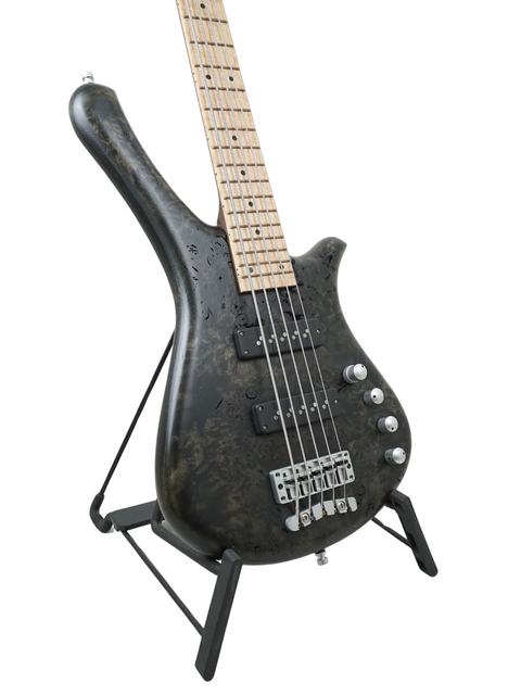 Black bass guitar displayed on a stand, highlighting the Warwick Fortress Limited Edition Nirvana 5-String, 38/100 from 2014.