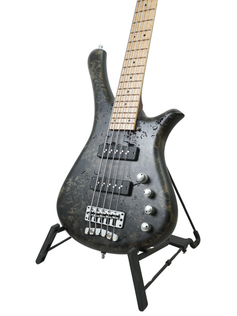 Black electric bass guitar on a stand, featuring the Warwick Fortress Limited Edition Nirvana 5-string from Germany, 2014.