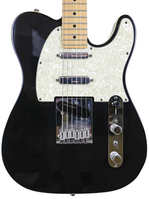 Black electric guitar, Fender Tele Plus V2 (1999), showcasing a striking white pickguard.