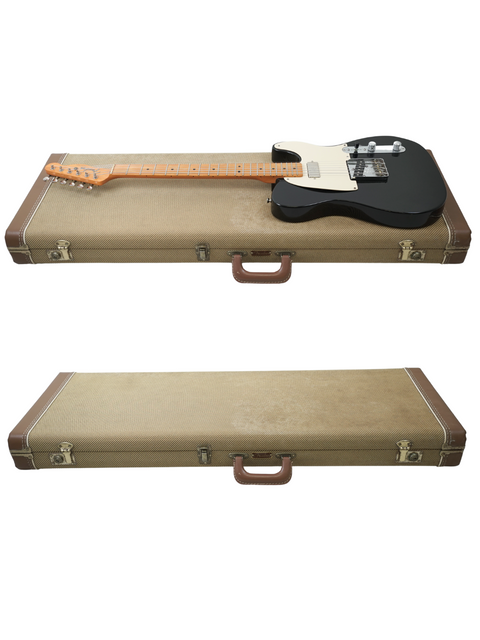 Black electric guitar beside its open brown case on a white background.
