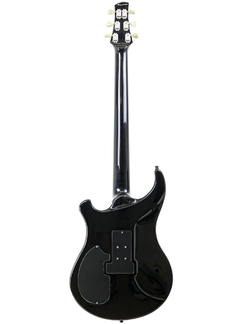 Black electric guitar with a white pickguard, model Orthius Deluxe DC, crafted in Australia in 2018.