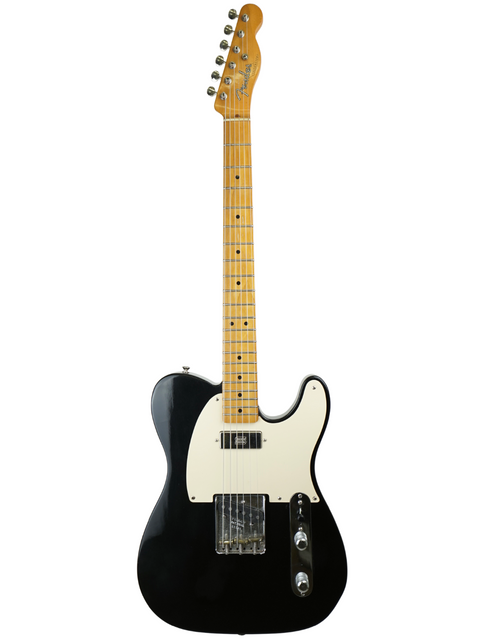 Black electric guitar with white pickguard on a white background.