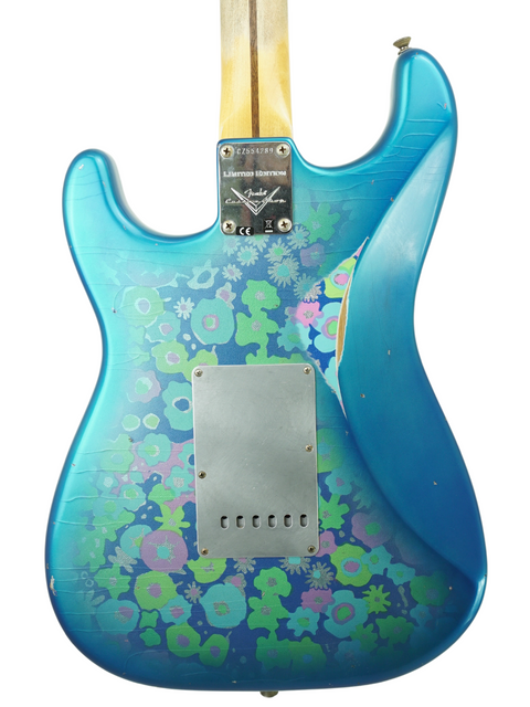 Blue Fender Custom Shop EL Diablo Strat guitar with a floral pattern, highlighting its custom design and craftsmanship.