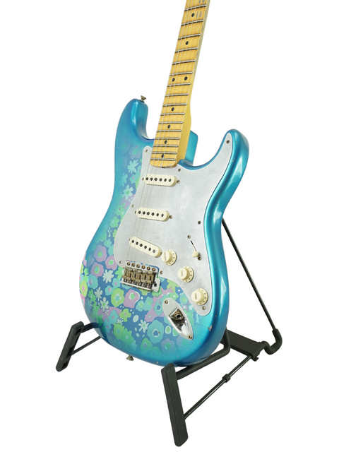Blue electric guitar with a floral design, Fender Custom Shop EL Diablo Strat Relic USA 2021 model.
