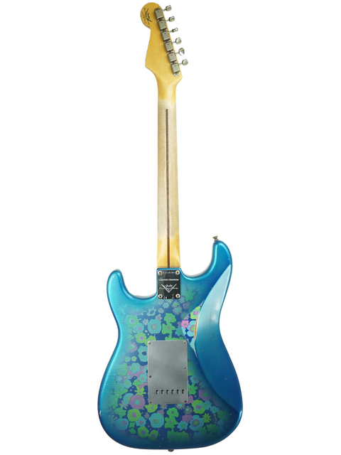 Blue electric guitar with floral design, Fender Custom Shop EL Diablo Strat Relic USA 2021, showcasing unique craftsmanship.