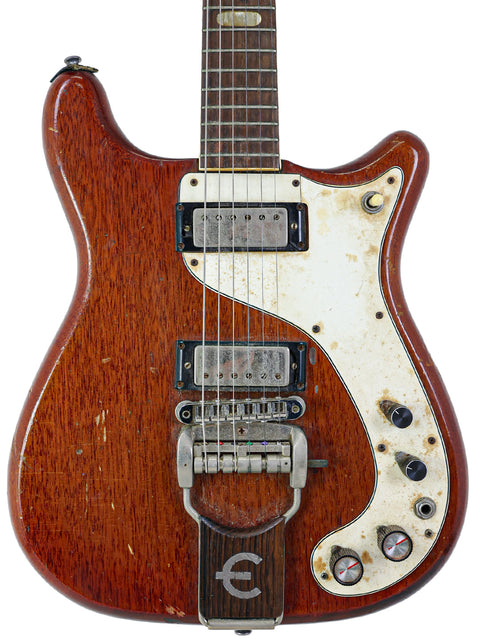 Classic wooden-bodied 1966 Epiphone Crestwood Custom guitar with a sleek white pickguard.