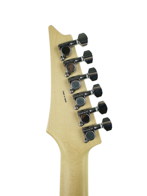 Close-up image of a guitar head with four strings, representing the rare Ibanez Joe Satriani Black Dog model from 2008.